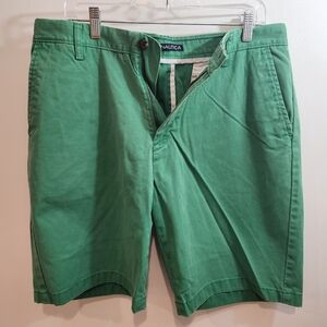 Nautica Bermuda Casual Shorts Mens 33 Khaki Green Slash Pocket Flat Front Cotton